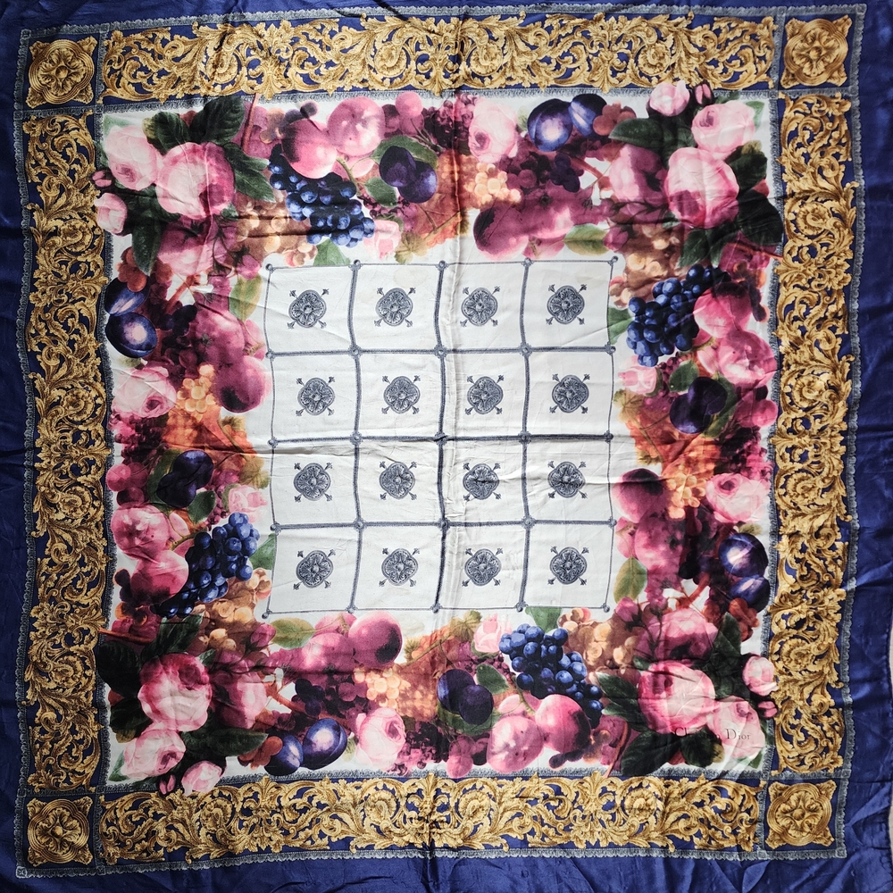 Auth Dior Blue and Gold Floral Fruit Silk Scarf